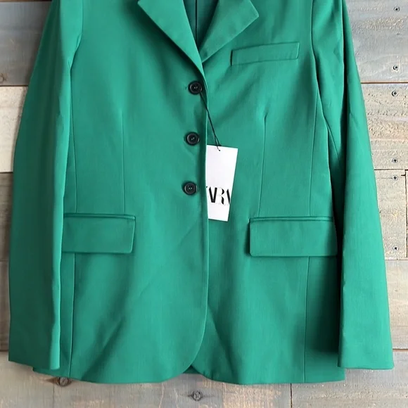 Zara Wool Blend Straight Cut Green Blazer 3 Button - Picture 7 of 15